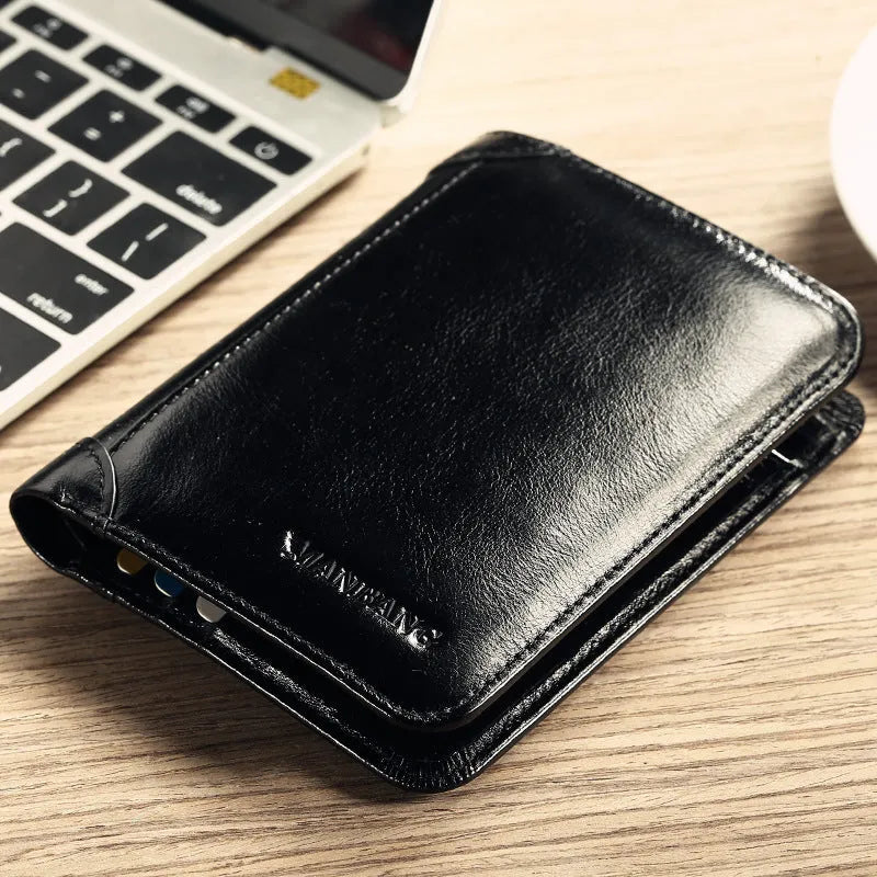 Men's leather wallet showing multiple internal compartments for cards, cash, coins and photos