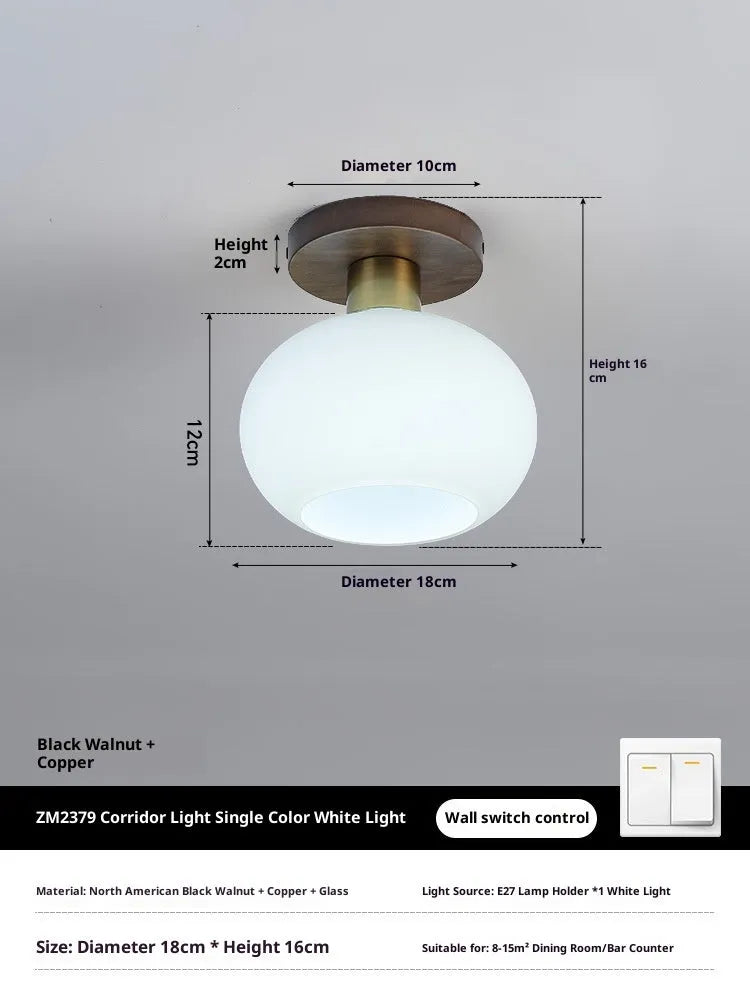 Chinese style simple light luxury walnut and brass ceiling lamp for corridor or balcony with three light colours