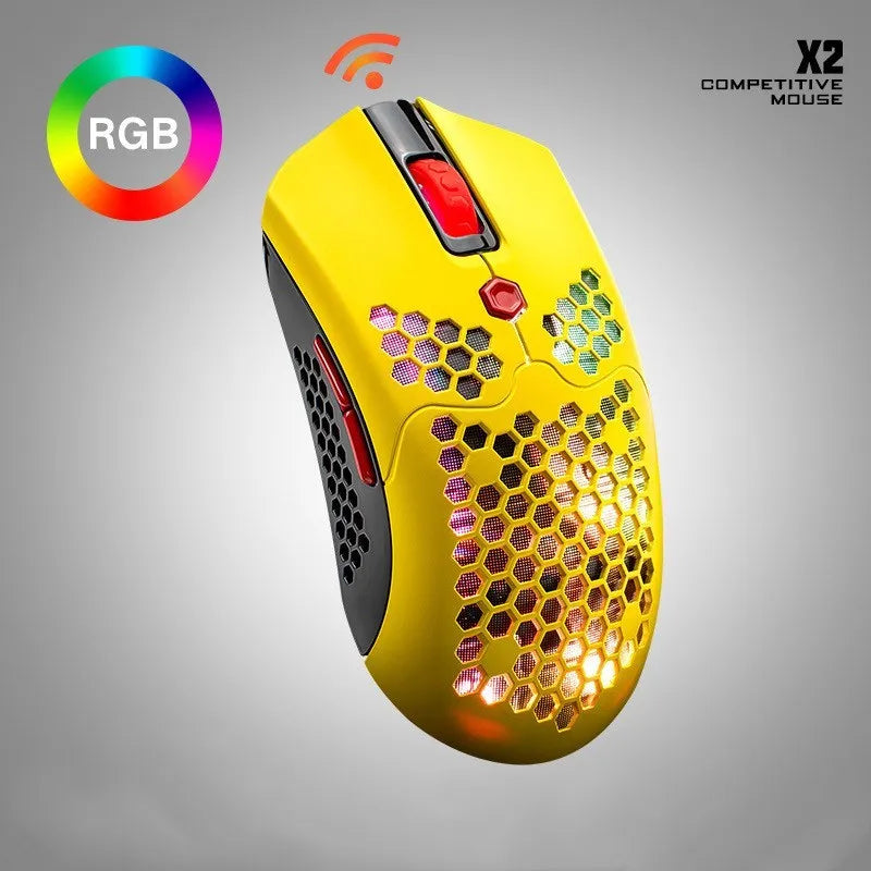Free Wolf X2 wireless gaming mouse in black with RGB lighting, showing ergonomic shape and side buttons.