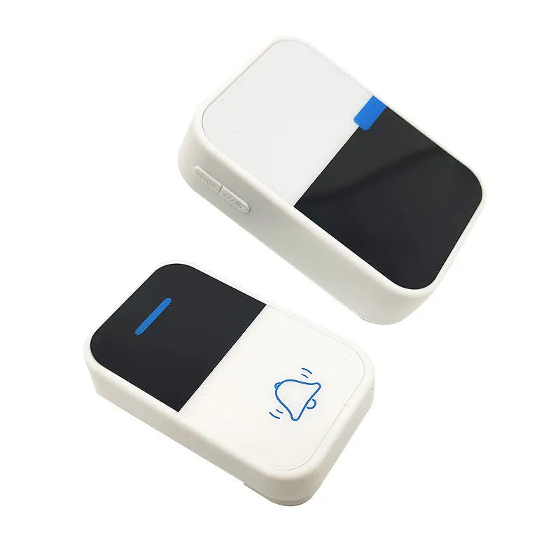 White plastic wireless doorbell system showing receiver and self-generating push button with 150 metre range