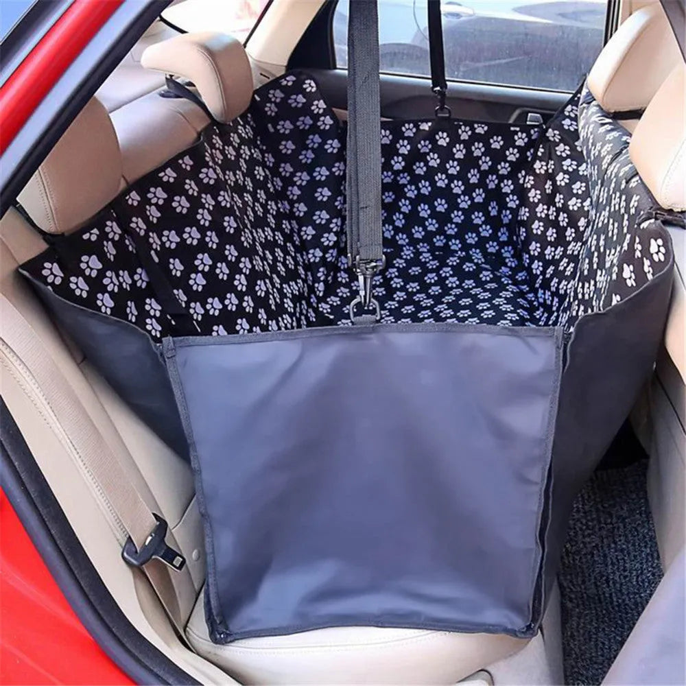 Car back seat cover for pet dog hammock in black Oxford cloth with clasp belt and foldable design