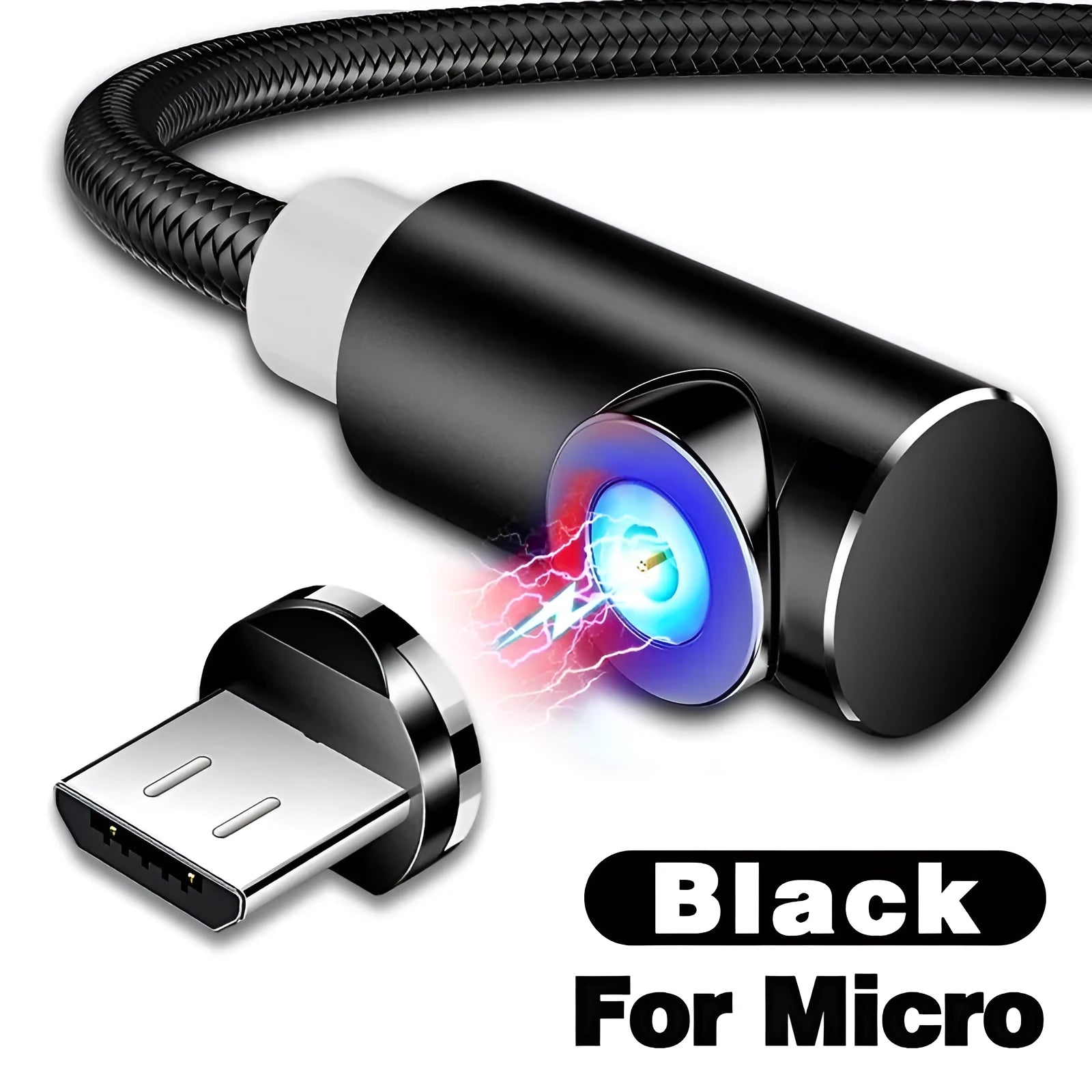L-shape magnetic charging cable with aluminium housing in black, red, gold, or silver, showing Micro USB, Lightning and Type-C plug heads.