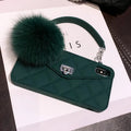 TPU iPhone mobile case with plush hairball grid texture in dark green, shown on a phone.