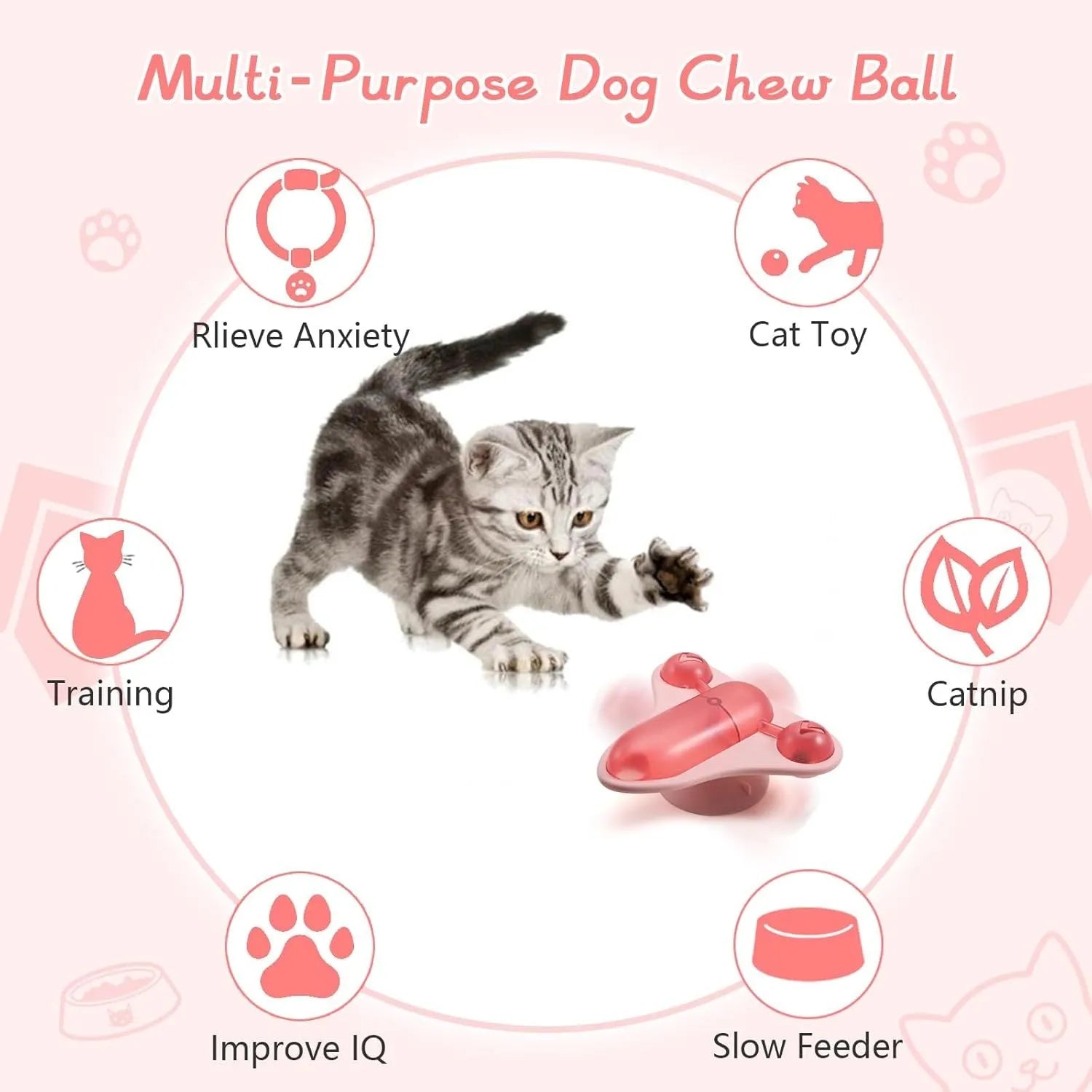 Blue interactive pet puzzle toy with a spinner, snack cabin, bell, and suction cup base on a floor.