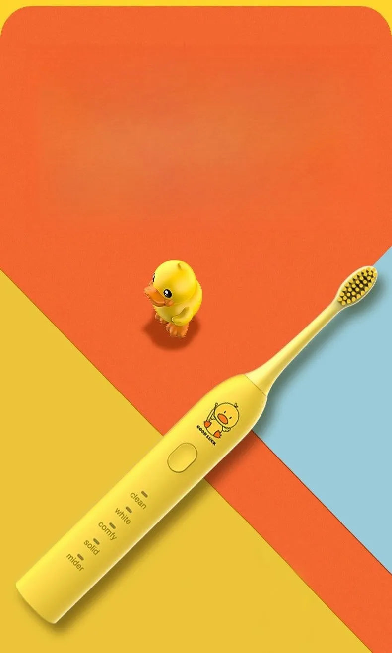 Yellow duck design electric toothbrush with USB charging port and soft bristle head