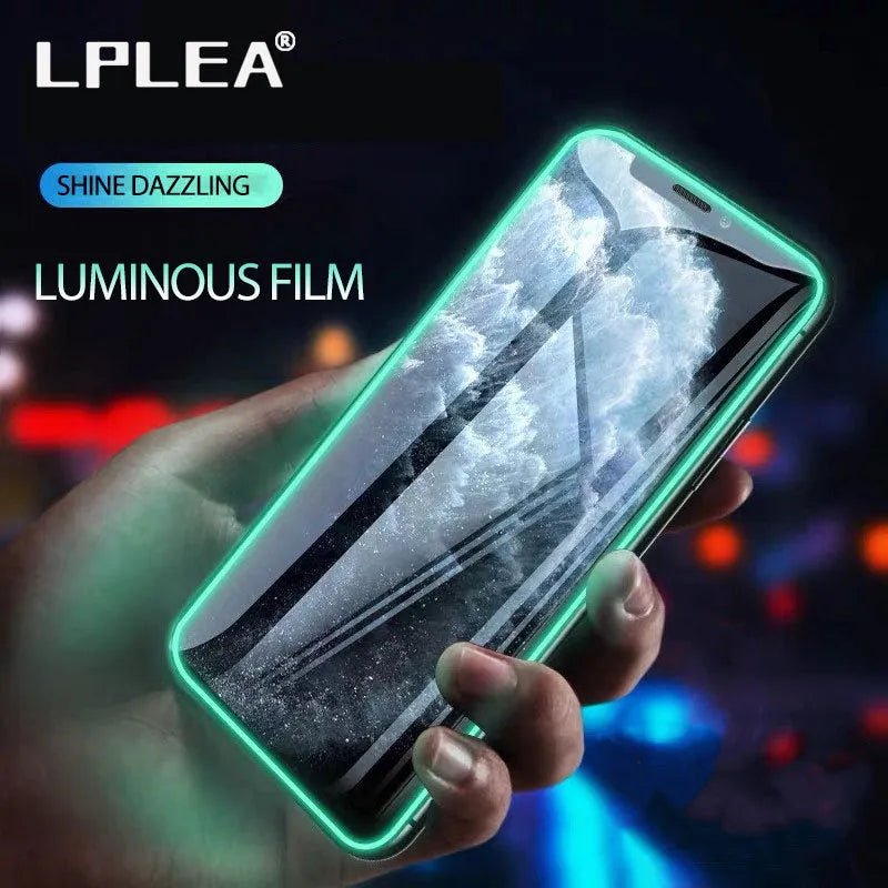 Luminous tempered glass screen protector for iPhone glowing in dark with full cover edge protection