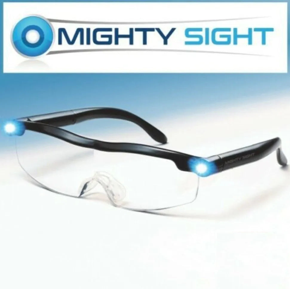 Transparent black USB LED light reading glasses with scheduled timer feature on a desk.