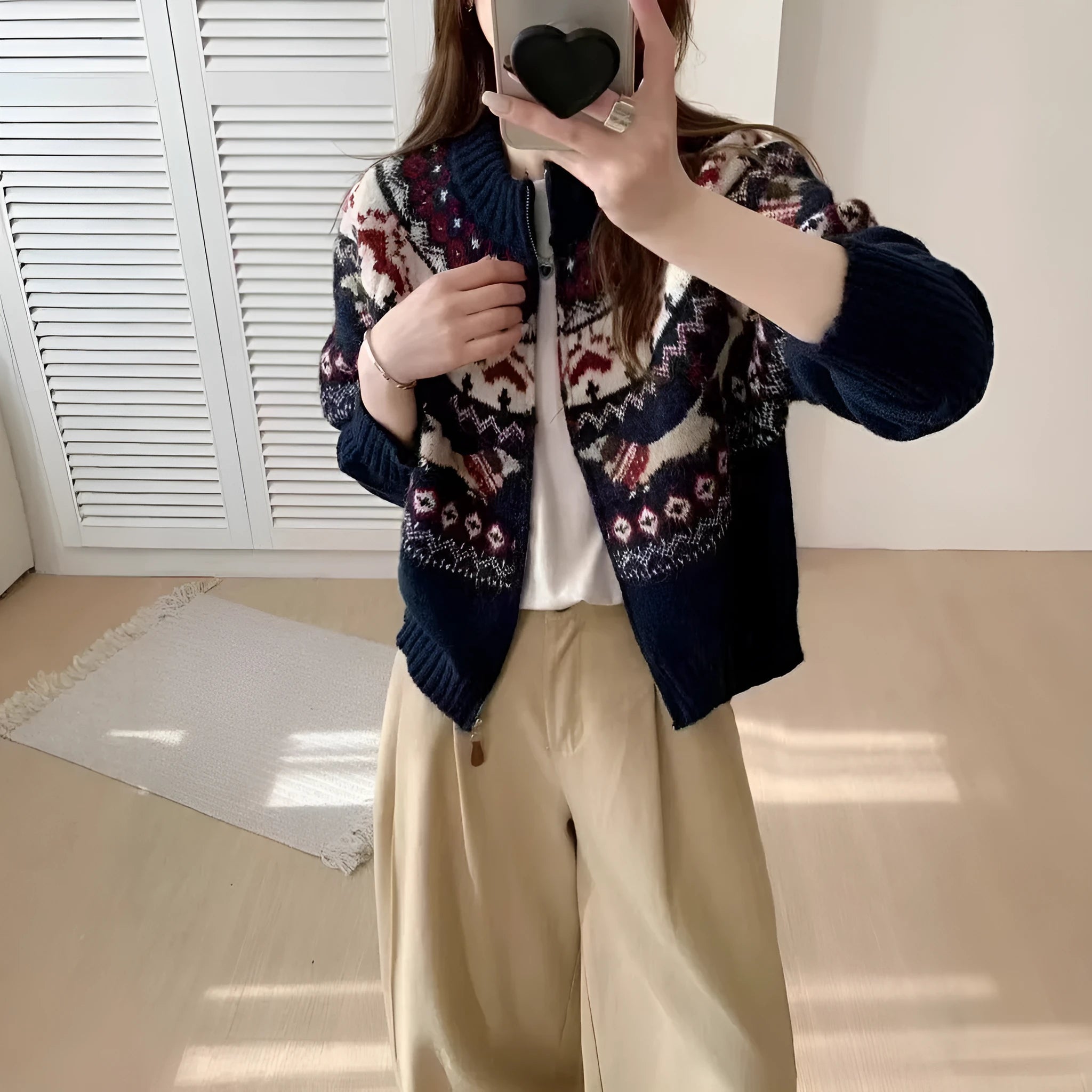 Ethnic jacquard pullover sweater with 3D pattern in loose fit free size