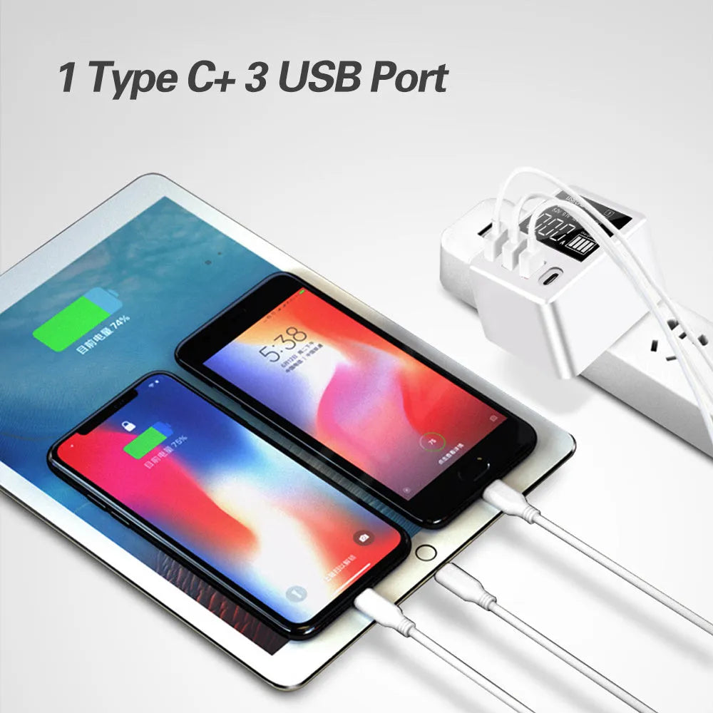 White 4-port USB travel wall charger with LED display, showing UK plug