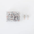 50-piece pack of Morandi colour push pins with three different pin head styles on a cork board.