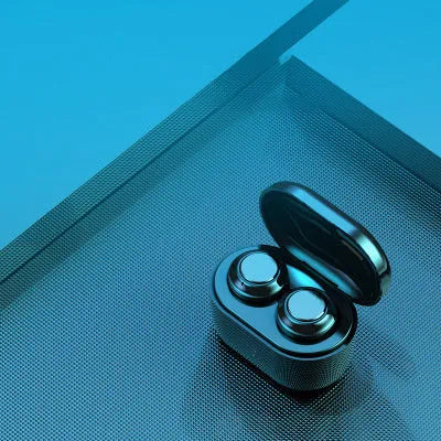 Black stereo Bluetooth wireless headset with earplug design showing power display