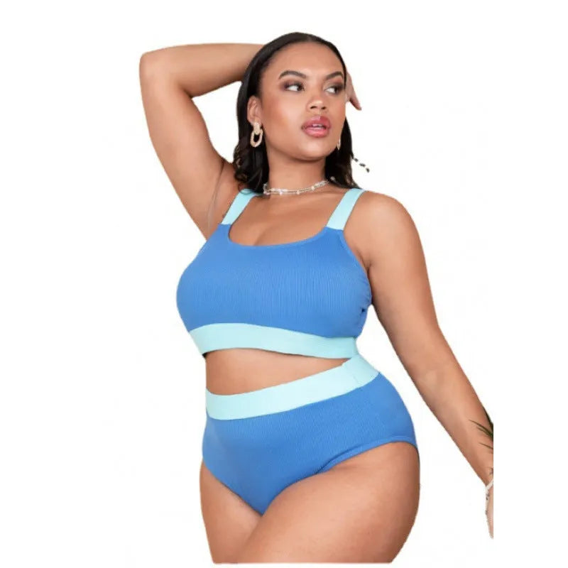 Solid colour women's high-waist bikini split swimsuit set in polyester fabric.