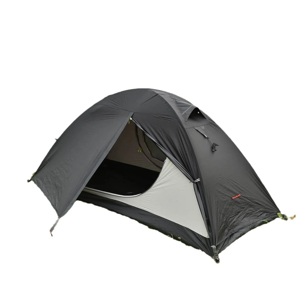 Single person tent with aluminium poles in black colour showing double account structure and mesh ventilation panels