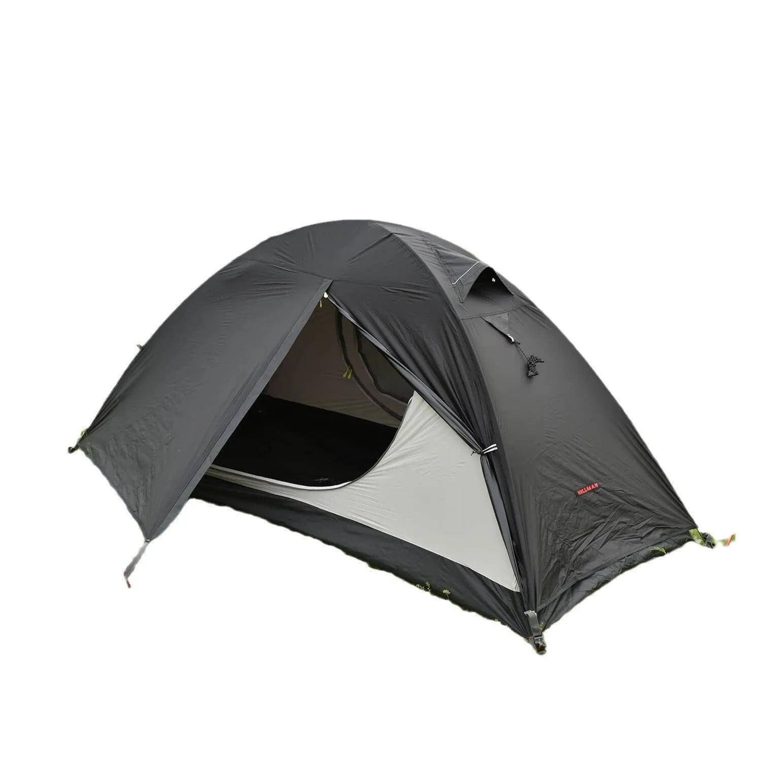 Single person tent with aluminium poles in black colour showing double account structure and mesh ventilation panels