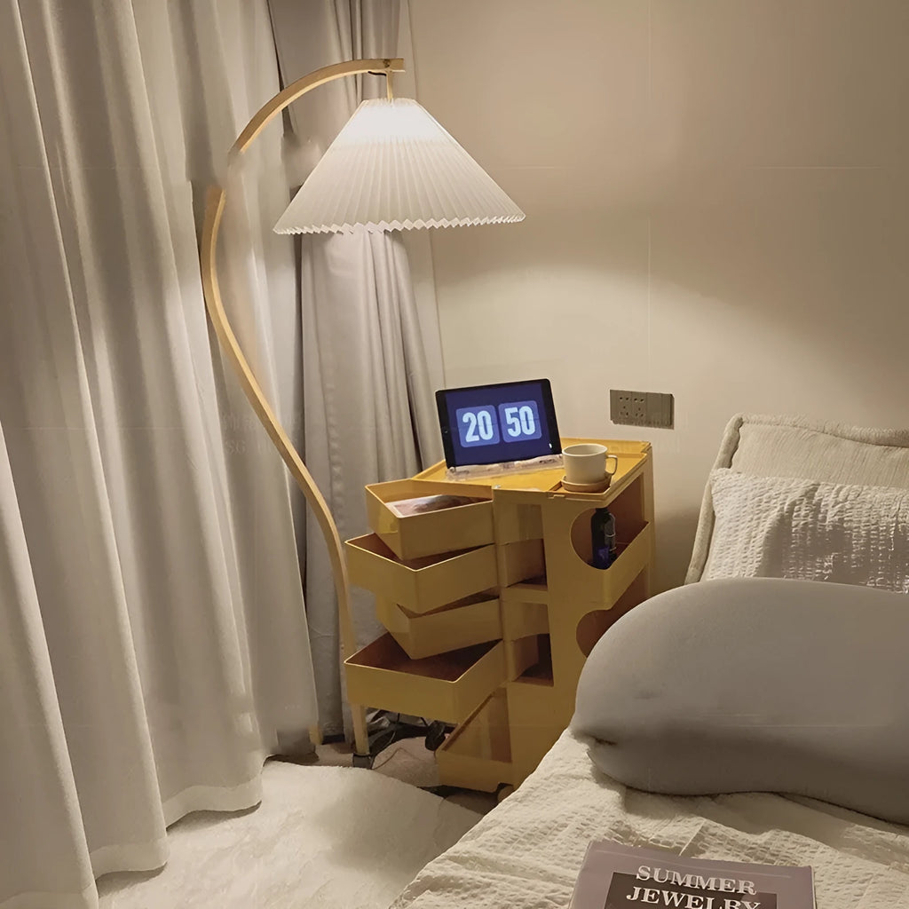 Vertical retro bedside lamp with sofa edge base showing log white and wine red lampshade options