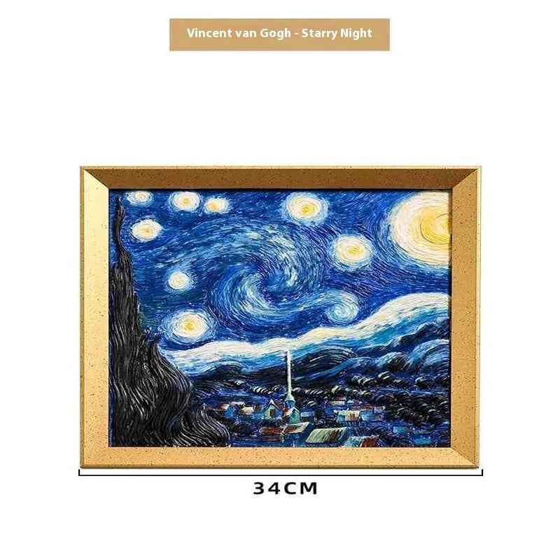 DIY oil painting kit showing Van Gogh's Starry Night reproduction on canvas with acrylic paints and wooden frame