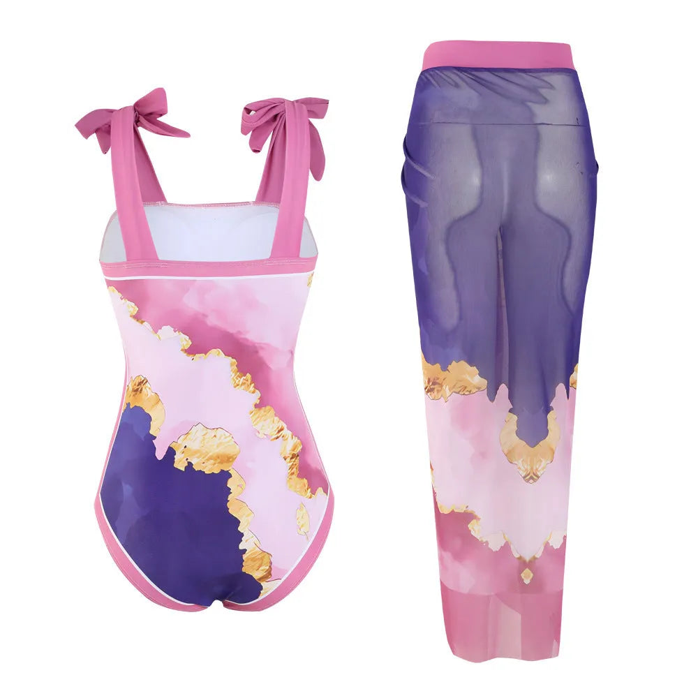Floral pattern conservative bikini swimsuit with mesh tube top and matching skirt in polyester fabric