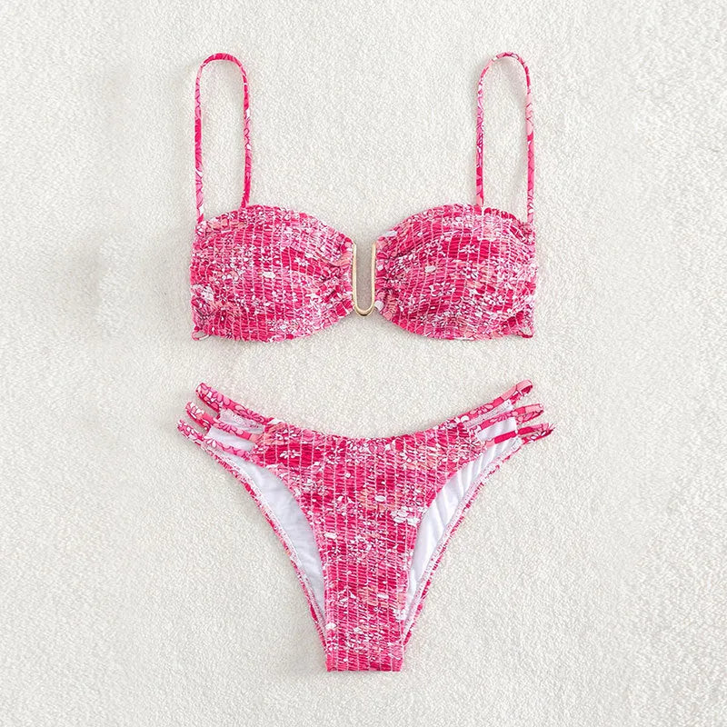 Women's floral bikini swimsuit in orange, blue and rose red colours with high-waist design