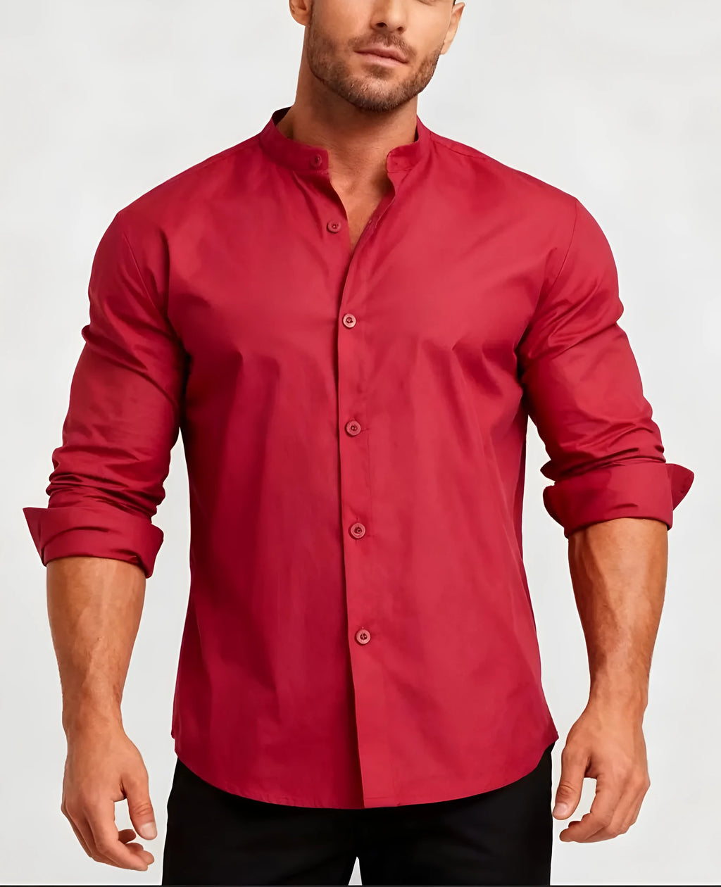 Men's red stand-up collar casual shirt in Chinese style, front view, shown on model