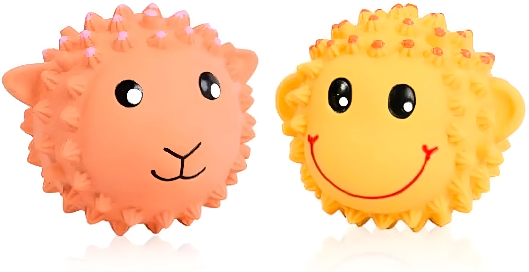 Four orange and yellow spiky latex dog toys with animal shapes and squeakers for small medium breeds