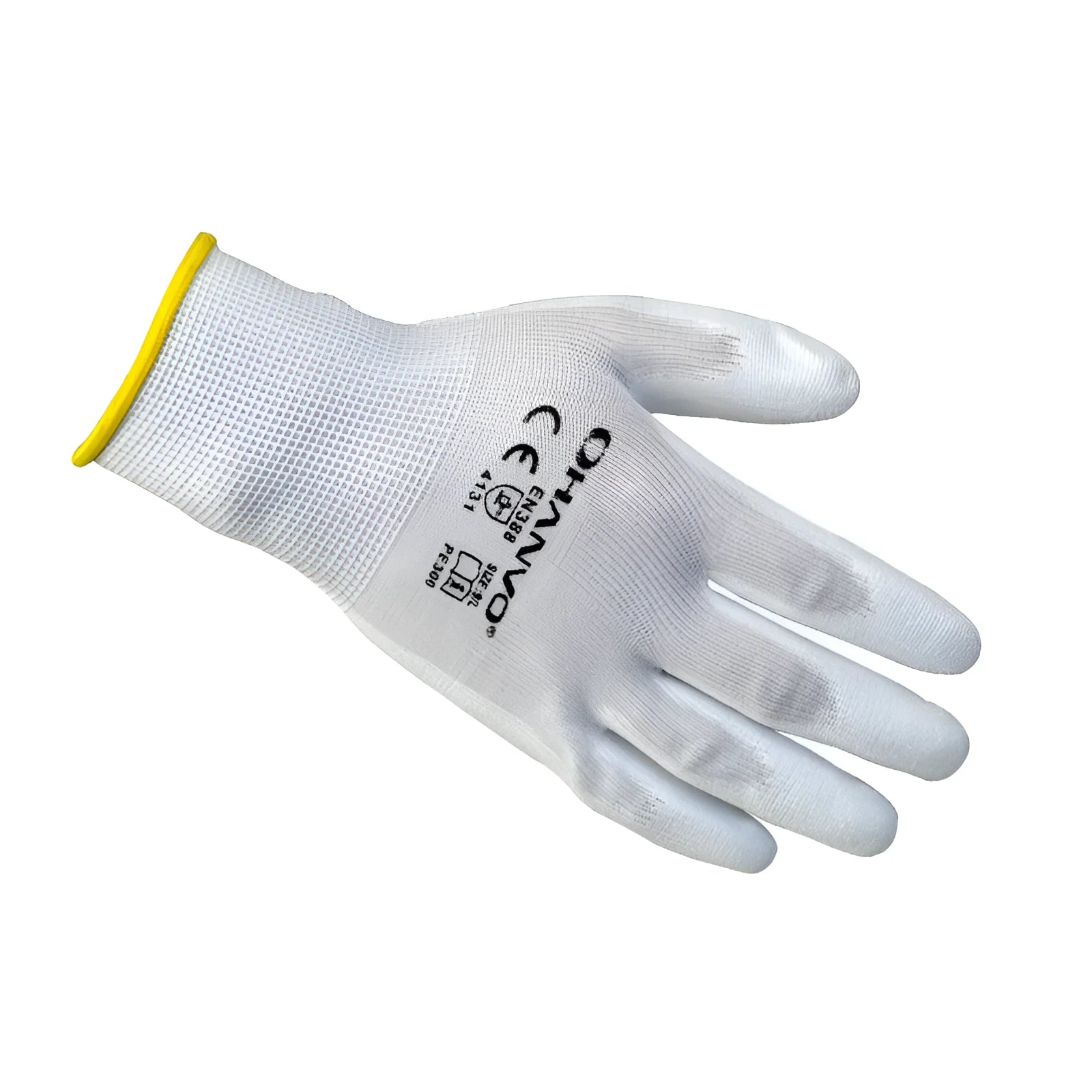 White PU coated work gloves showing textured grip, in sizes M and L, sold in a pack of 10 pairs.