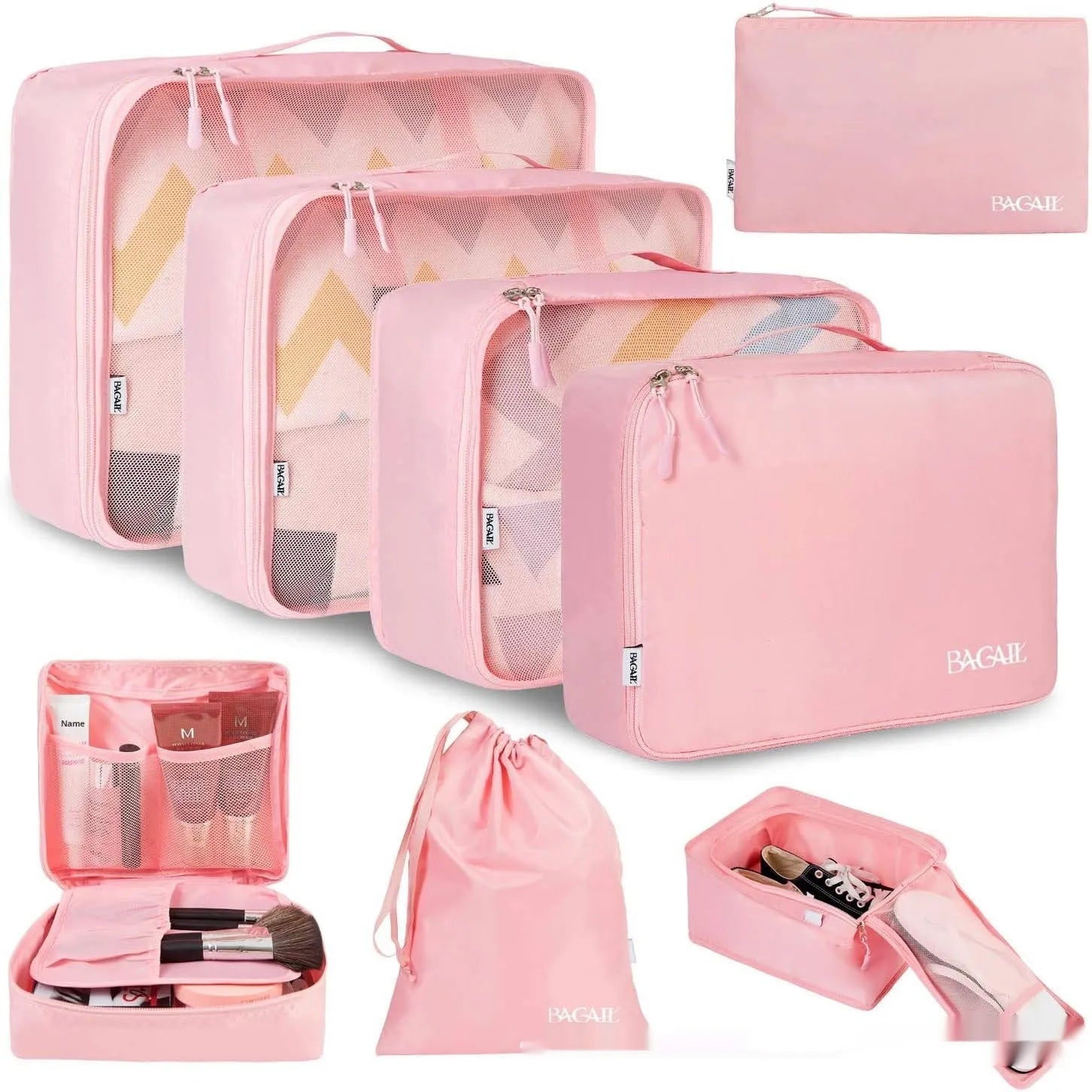 Set of eight cubic-shaped travel packing bags in assorted colours including beige, black, pink, and leopard print patterns.