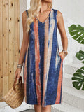 Colour block V-neck sleeveless dress in polyester with mid-length skirt and mid-waist design