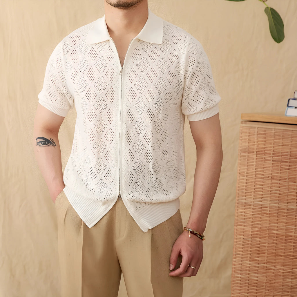 Light brown men's cotton cardigan with zipper front and lapel collar on a hanger.
