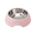 Blue stainless steel pet bowl with non-slip base for cats and dogs on a floor