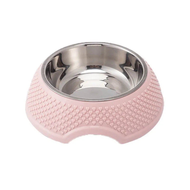 Blue stainless steel pet bowl with non-slip base for cats and dogs on a floor