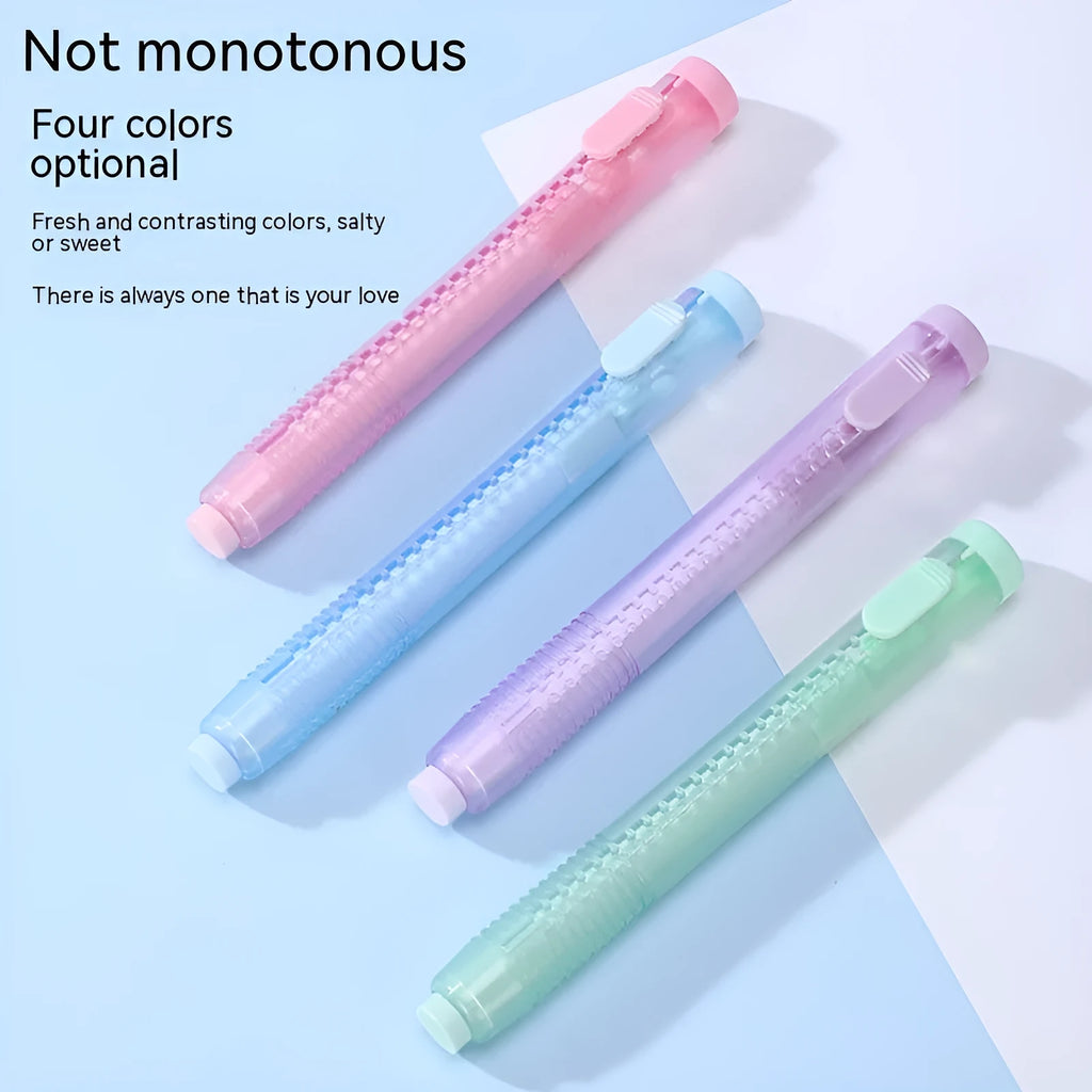 Children's push-type automatic eraser in blue, green, pink, and purple colours measuring 12 by 8 centimetres