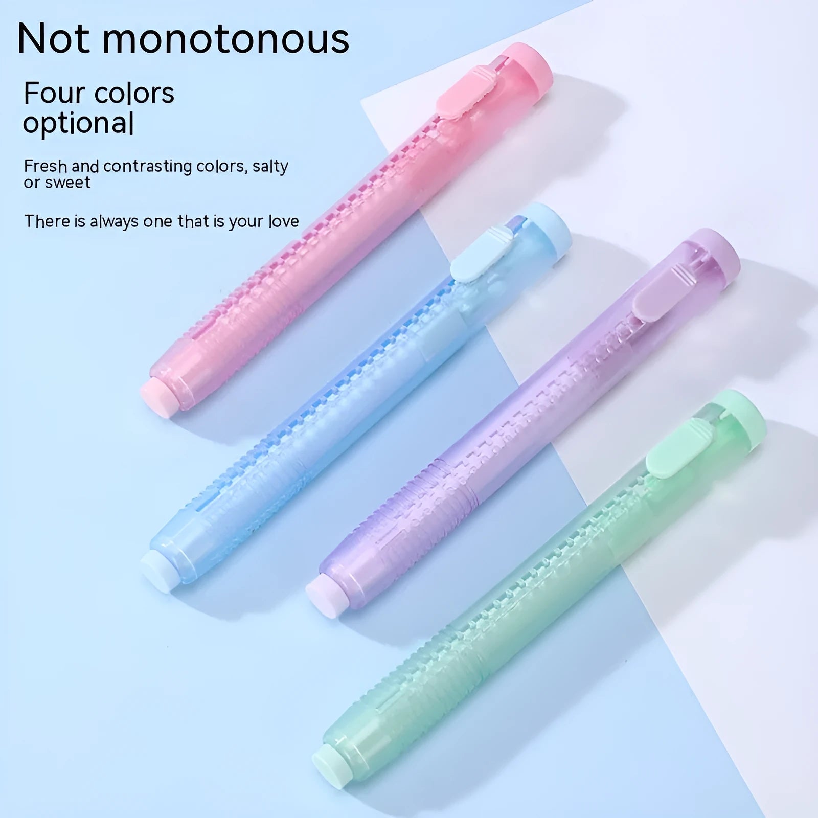 Children's push-type automatic eraser in blue, green, pink, and purple colours measuring 12 by 8 centimetres