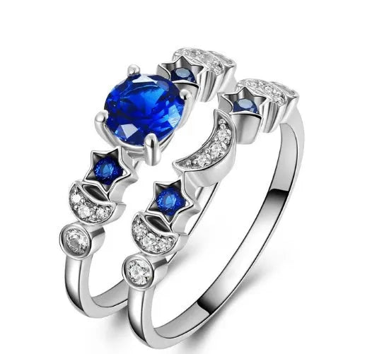 New creative moon ring for women with blue gem inlay diamond treatment silver tone