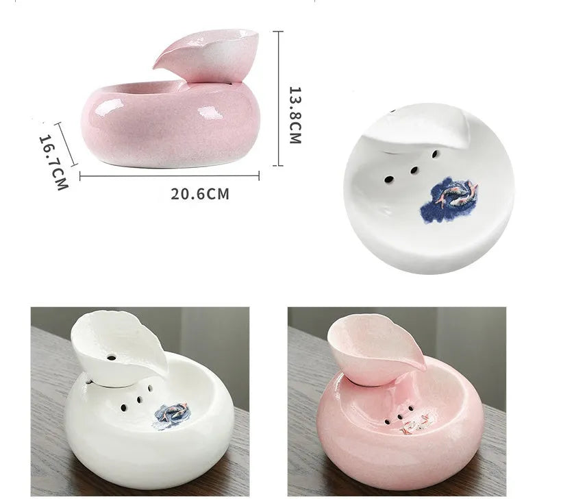 White ceramic automatic cat water dispenser with leaf-shaped bowl and pump