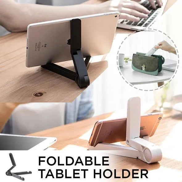 Black foldable aluminium tablet holder showing adjustable stand in open and closed positions on a desk.