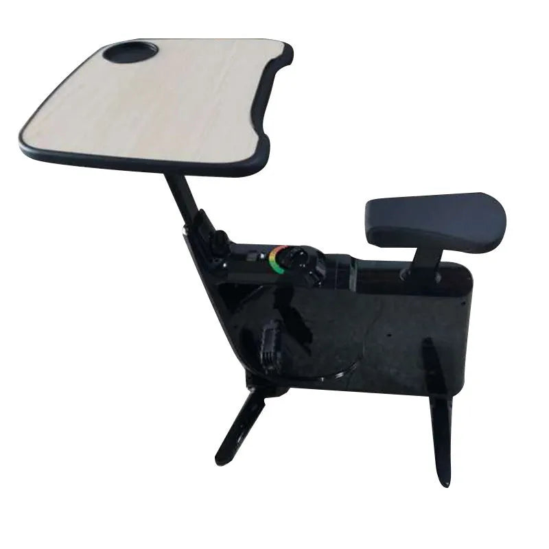 Black upright exercise bike with magnetic resistance and built-in table for home fitness