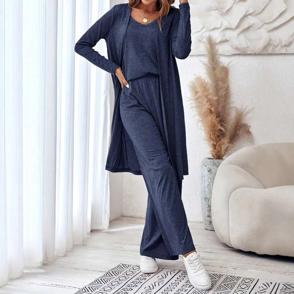 Women's blue polyester three-piece casual suit with sling top, long cardigan, and trousers