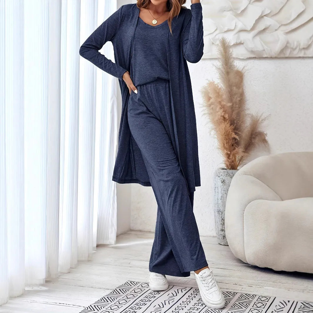Women's blue polyester three-piece casual suit with sling top, long cardigan, and trousers