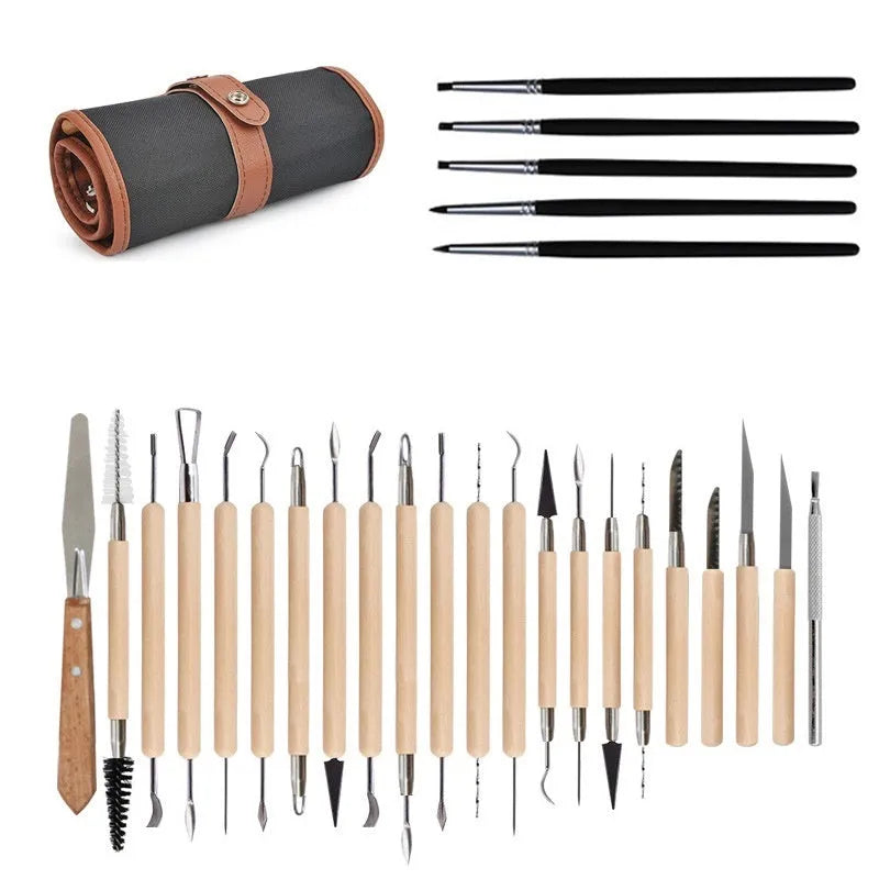 Brown 27-piece pottery tool set with storage roll, containing wood, stainless steel, and plastic clay modelling tools.