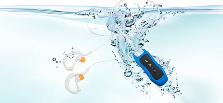 Compact waterproof IPX68 Bluetooth MP3 headset in six colours: black, blue, green, orange, pink, white.