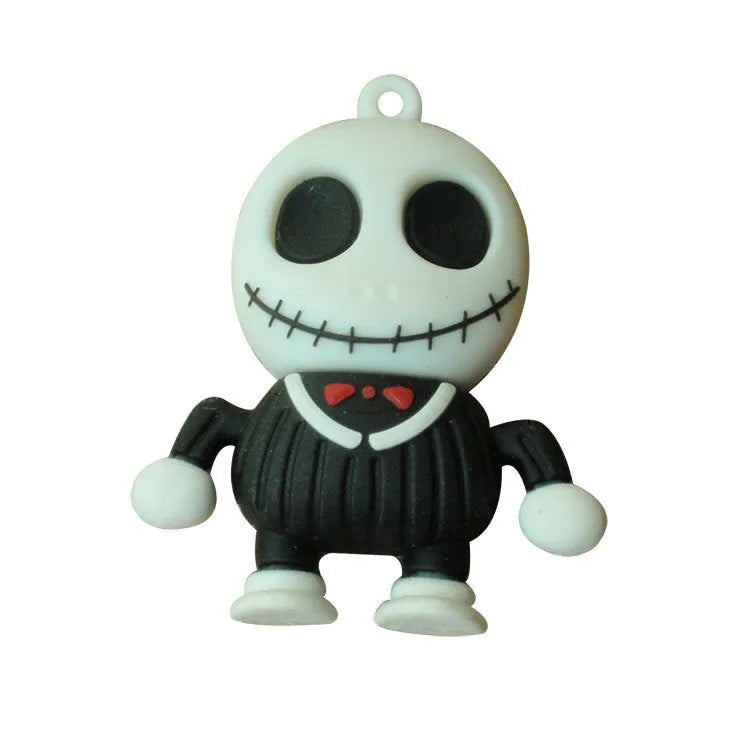 Skull skeleton shaped USB flash drive on a keychain, showing front and side views.