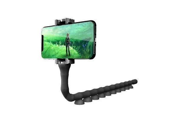 Flexible black rubber phone holder with suction cup wrapped around a bicycle handlebar, showing a phone mounted at an angle.