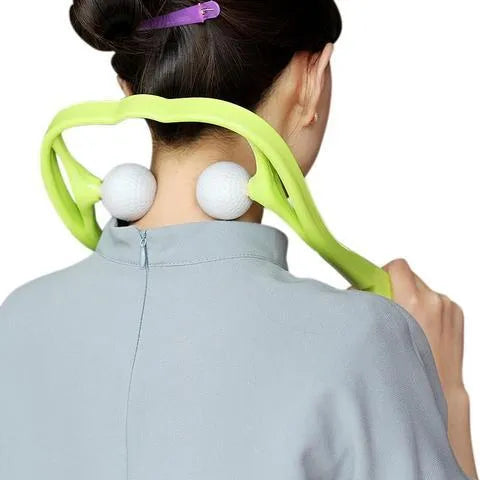 Plastic hand roller neck massager with 3D floating points in pink, blue, and green colour options.