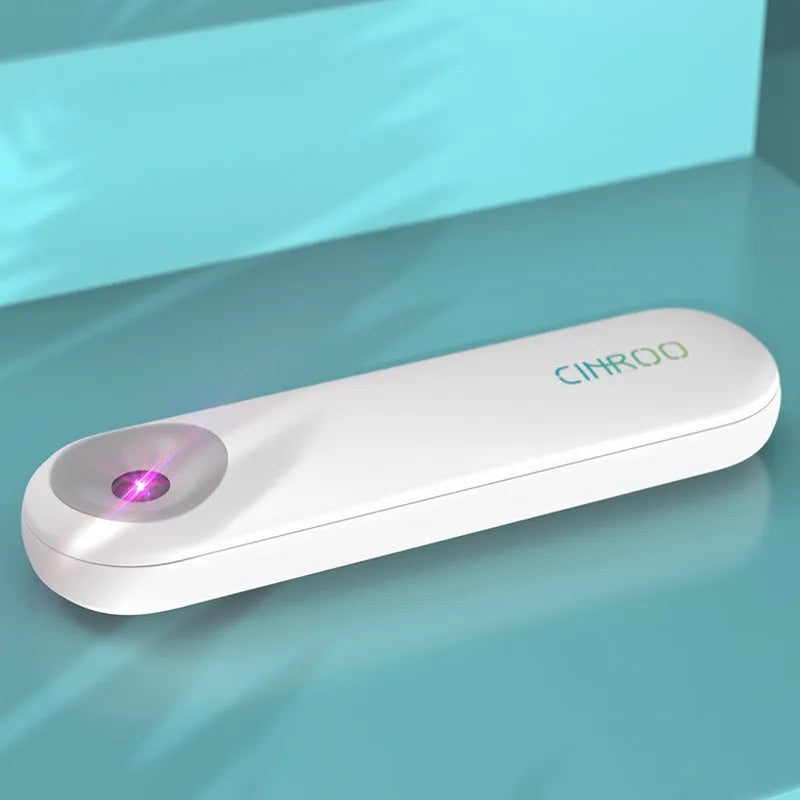 White portable ultraviolet steriliser showing compact 116mm design with display showing battery indicator