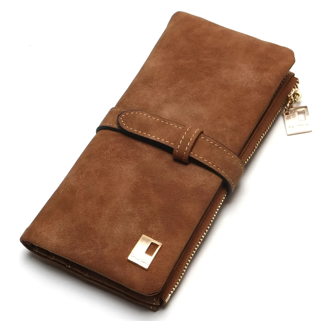 Korean retro matte leather women's long wallet showing two-fold draw closure and vertical orientation