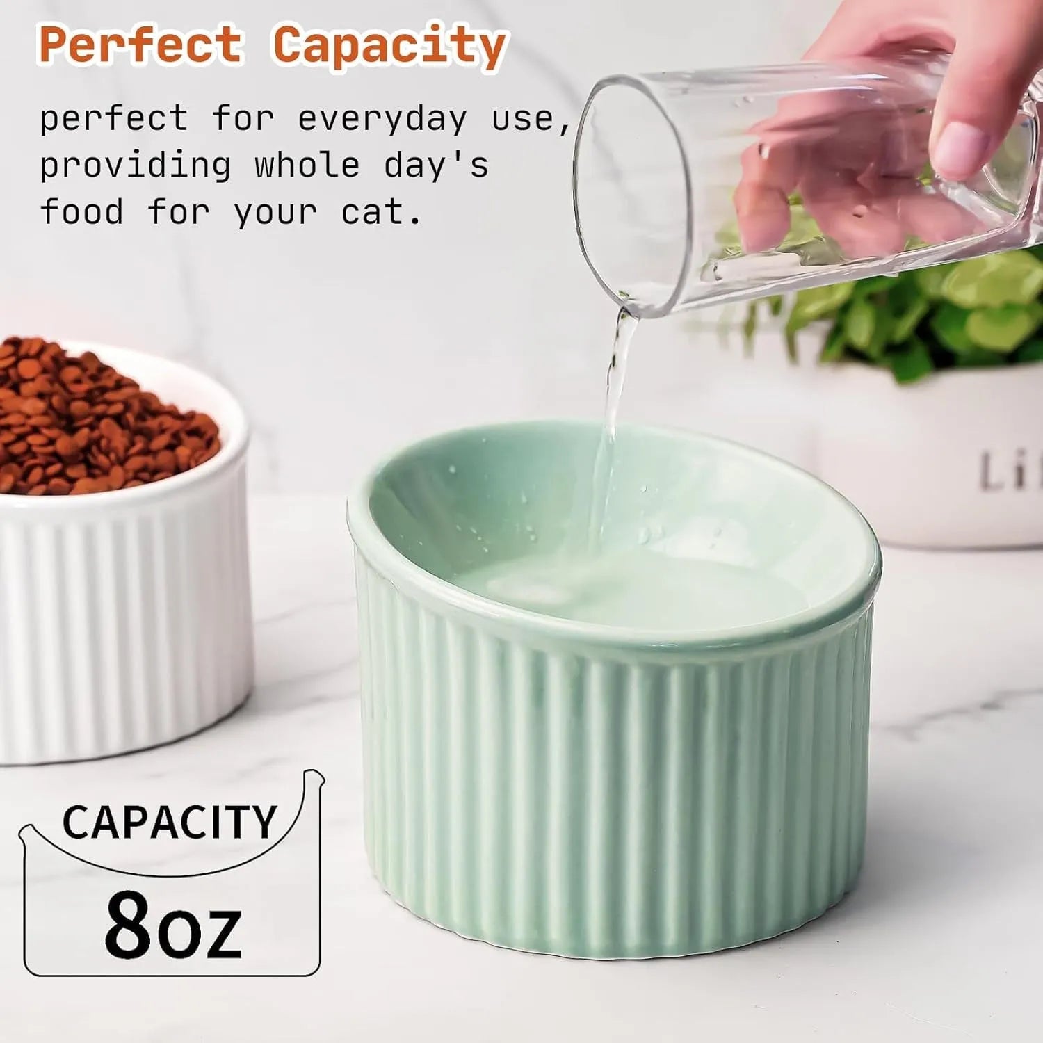 A dark green ceramic elevated cat bowl with a tilted, round design on a wooden surface.