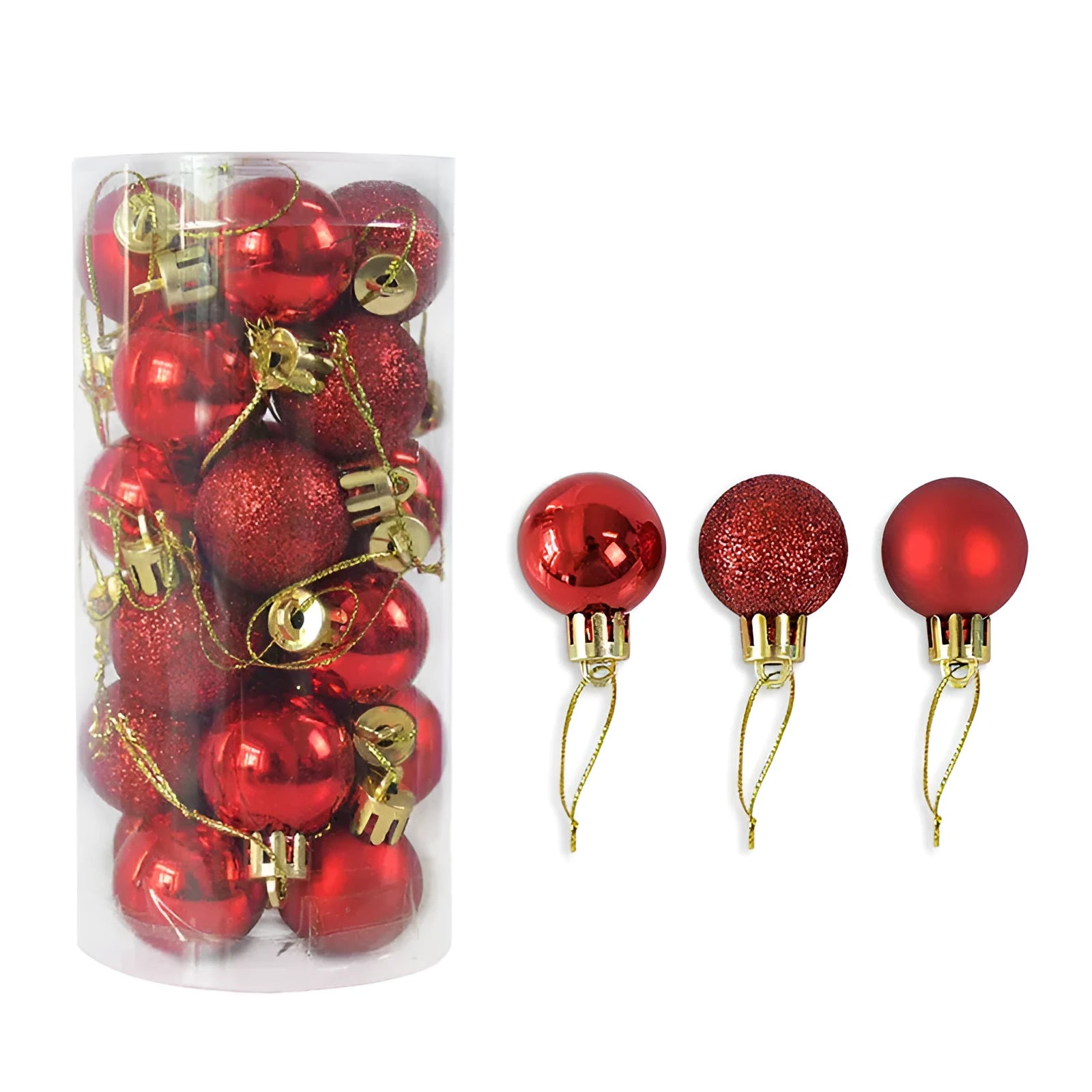 Assorted metallic gold, red, silver, and blue 3cm plastic Christmas bauble ornaments in a box.