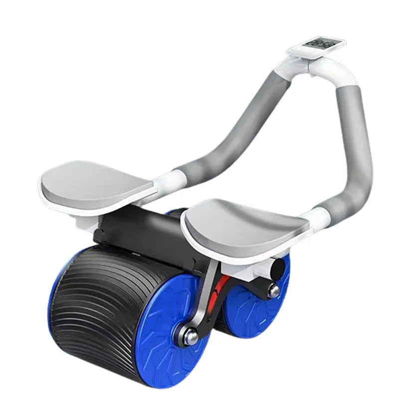 Black abdominal wheel with automatic rebound mechanism next to a thick grey lock-edge NBR yoga mat.