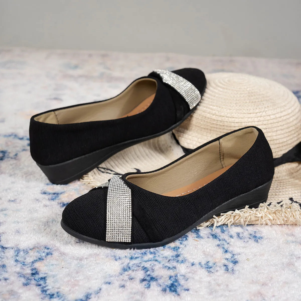 Black women's casual slip-on shoes with rhinestone decoration, round toe, and chunky heel