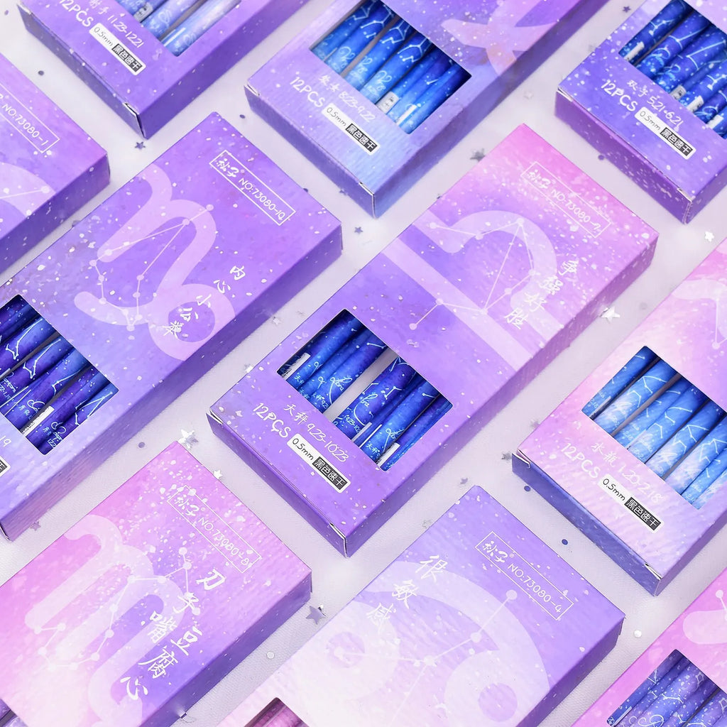 12 quick-drying gel pens with constellation designs in a plastic box